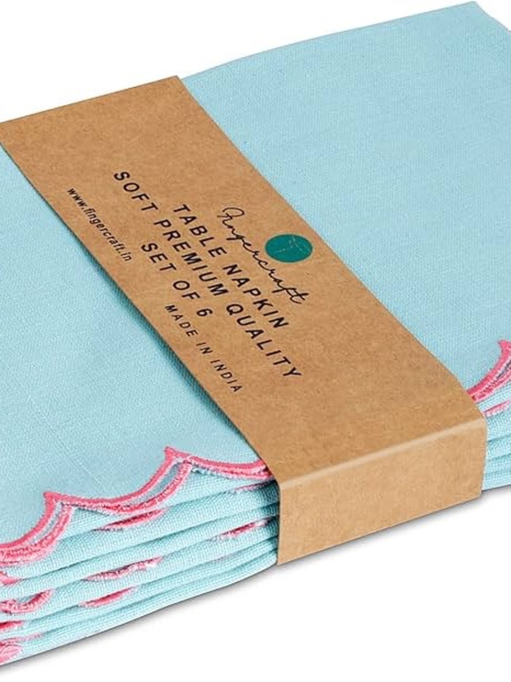 Light Aqua Cloth Napkin Set (6) with Pink Scallop Stitching